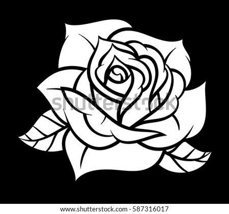 Flower rose, black and white. Isolated on black background. Vector illustration.