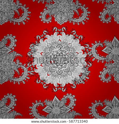 Christmas white snowflake seamless pattern. Golden snowflakes on red background. Winter snow texture wallpaper. Symbol holiday, New Year celebration white pattern.