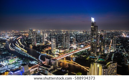 Chao Phraya River night view from Lebua State Tower hotel in Bangkok, Thailand.