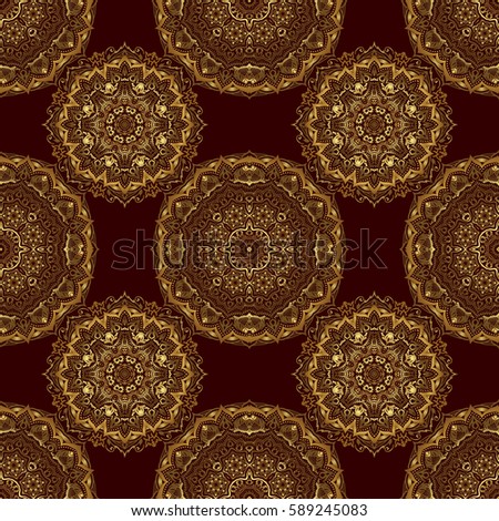 Gold decorations. Luxury golden seamless pattern with stars. Star pattern on a brown backdrop, golden vintage ornament. Seamless background.