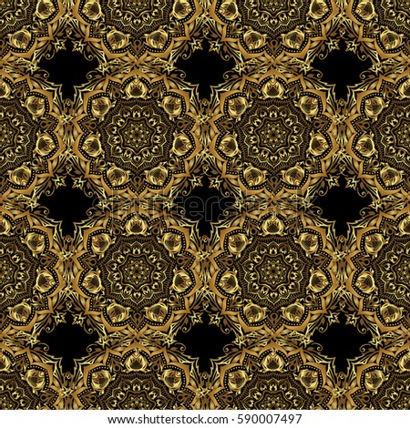 Floral oriental decor. Luxury wallpaper on black. Seamless texture in Eastern style. Ornate golden pattern for design. Ornament for invitations, birthday, greeting cards, web pages.
