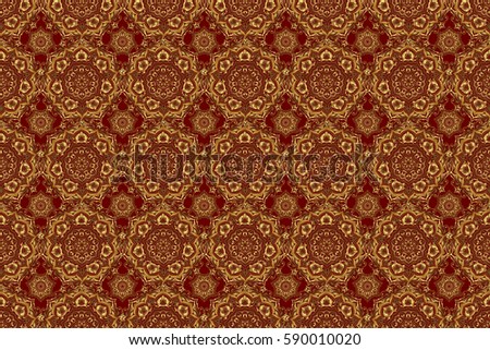 Traditional Indian style, ornamental golden elements with henna tattoo, golden stickers, mehndi and yoga design, cards and prints. Raster golden mehndi seamless pattern on red.