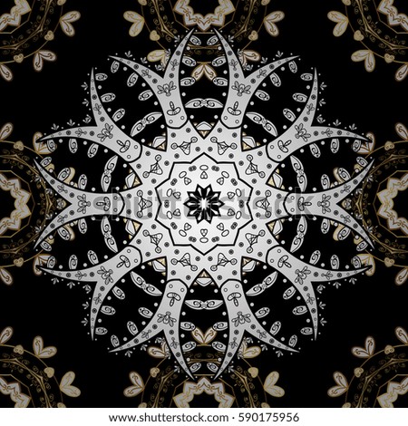 Golden Seamless Wallpaper, Raster Background. Radial gradient shape. Luxury background. Golden grid. Snowflake, Christmas, New Year. Floral. Vintage pattern. White mandala. Black background.