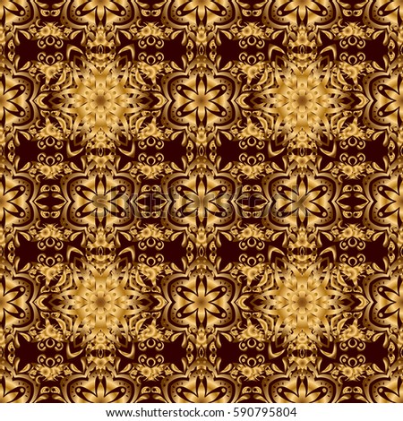 Vector golden mehndi seamless pattern on brown. Traditional Indian style, ornamental golden elements with henna tattoo, golden stickers, mehndi and yoga design, cards and prints.