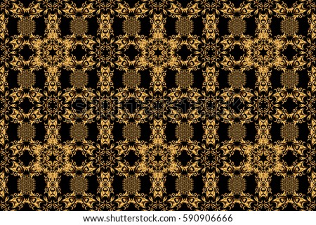 Raster golden seamless pattern. Seamless floral border with vintage golden ornament on black background.
