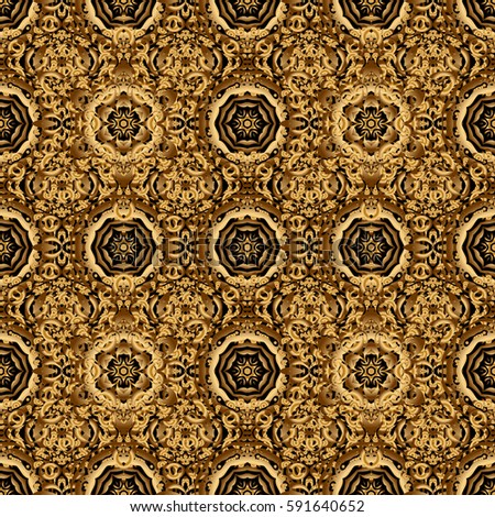 Oriental style arabesques on a black backdrop. Seamless pattern of golden textured curls. Openwork weaving delicate, golden background. Brilliant lace, stylized flowers, paisley.