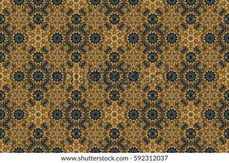 Golden seamless pattern on a blue background. Raster luxury gold pattern.