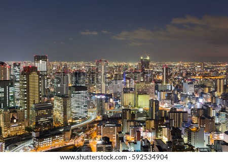 Osaka city central business downtown aerial view skyline at twilight, Japan