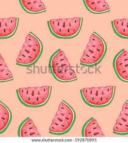 Seamless pattern with watermelon slices, hand drawn illustration
