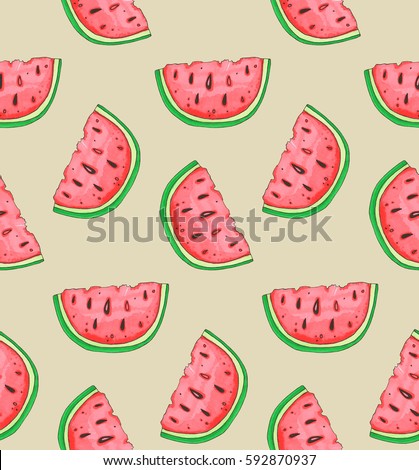 Seamless pattern with watermelon slices, hand drawn illustration