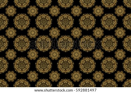 Black and golden pattern. Oriental raster classic pattern. Seamless abstract pattern with golden repeating elements on black backdrop.