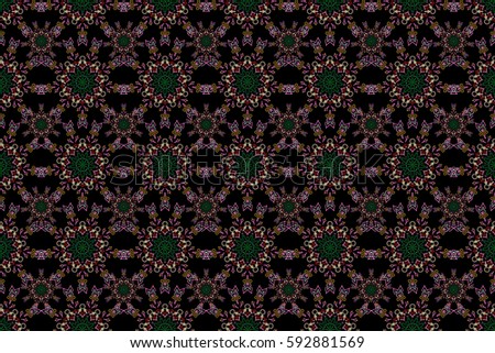 Good for greeting card for birthday, invitation or banner. Decorative symmetry arabesque. Pink and green seamless pattern on a black background. Raster illustration. Medieval floral royal pattern.