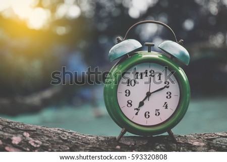 Green retro alarm clock on nature background and warm light.
