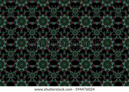 Raster cutout paper lace texture, red, green and yellow tulle on a black background, swirly seamless pattern.