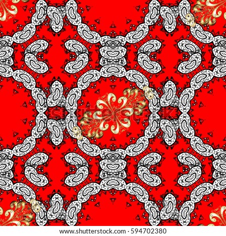 Gold red floral ornament in baroque style. Antique golden repeatable wallpaper. Damask seamless pattern repeating background. Golden element on red background.