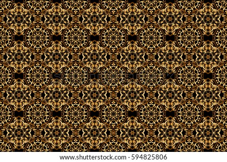 Oriental raster classic pattern. Seamless abstract pattern with golden repeating elements on black backdrop. Black and golden pattern.