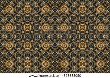 Raster sketch for cards, thank you message, printing. Vintage seamless border and grid for design template on a blue background. Seamless pattern in Eastern style with floral golden elements.