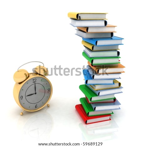 alarm clock near stack of books over white