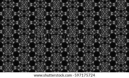 Abstract ornate psychedelic kaleidoscopic seamless pattern. Black and white dotted texture. 