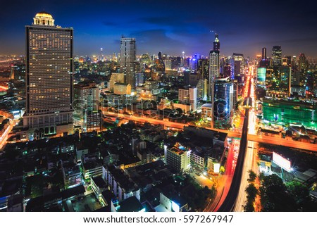 Bangkok cityscape business district with high building at dusk, Bangkok Thailand