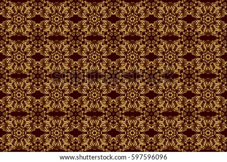 Raster gold ornament on a brown background. Vintage seamless texture. Pattern with golden elements on a brown background. Can be used for luxury greeting rich card.