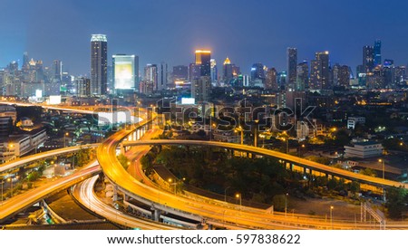 Night aerial view, City central business downtown and highway intersection, Bangkok Thailand