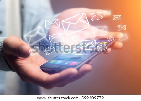 Concept view of sending email on smartphone interface with message icon around