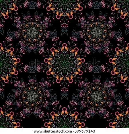 Graphic modern pattern. Seamless background. Abstract pattern in Arabian style. Pink and green texture on black background.