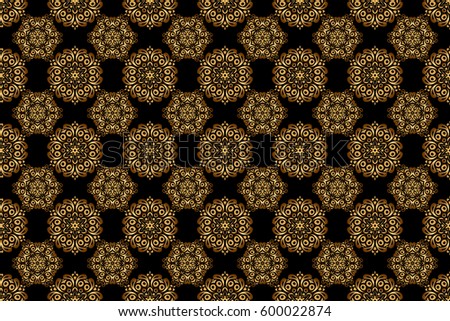 Raster illustration. Oriental ornament seamless pattern in the style of baroque on a black background. Traditional classic pattern in gold and black colors.