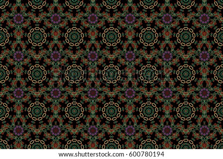 Damask seamless floral pattern in beige and green colors. Raster illustration.
