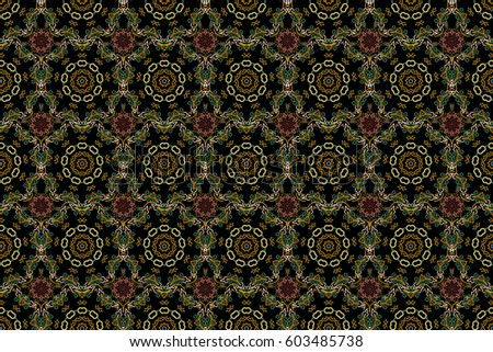 Medieval floral royal pattern. Decorative symmetry arabesque. Pink, yellow and green seamless pattern good for greeting card for birthday, invitation or banner. Raster illustration.