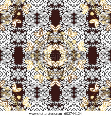 Vintage seamless pattern on a brown background with golden elements.