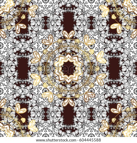 Oriental vector classic brown and golden pattern with white doodles. Seamless abstract background.