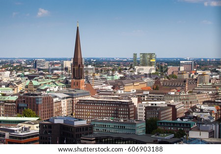 Aerial view of Hamburg city center and Saint Jacob's church