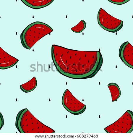 Seamless pattern background with watermelon.Hand drawn Doodle style.vector illustration