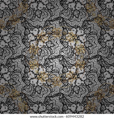Golden pattern on gray background with golden elements. Ornate decoration. Seamless damask pattern background for wallpaper design in the style of Baroque.