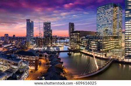 Sunset over Canary Wharf and the Docklands in London