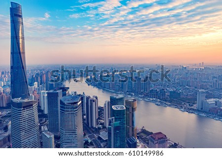 Aerial view of Shanghai city center at sunset time. China.