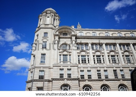 Liverpool - city in Merseyside county of North West England (UK). Pier Head district, part of UNESCO World Heritage Site. Port of Liverpool Building.