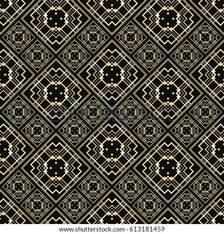 Seamless pattern in Art Deco style. Black and golden tilework. Diamond tiles. Luxury background.