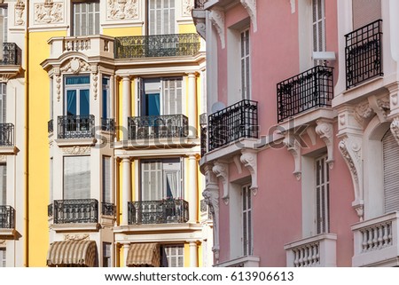 Colorful ornate residential building in Menton - small town on French Riviera.