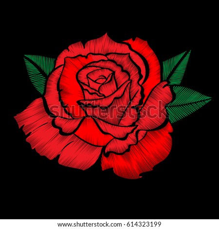 Embroidered red rose. On a black background