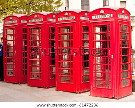 A Row Of  British Red Telephone Boxes.