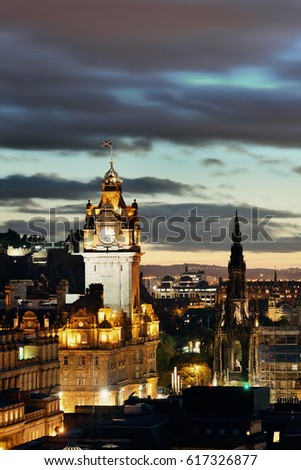 Edinburgh city view at night in UK.