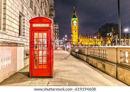 Palace of Westminster in London with the Telephone Booth at Night