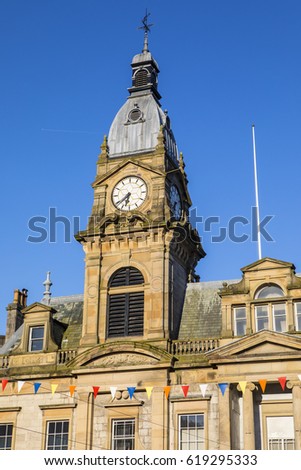 A view of the magnificent architecture of Kendal Town Hall in the historic town of Kendal in Cumbria, UK.