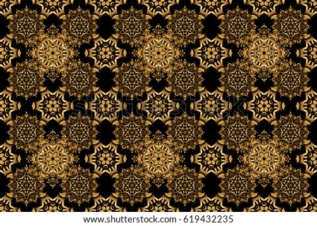 Geometric repeating raster ornament with golden elements. Seamless abstract modern pattern on a black backdrop. Black and golden seamless pattern.