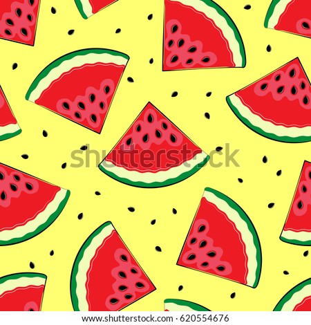 Seamless background with watermelon. Pieces of watermelon on a yellow background. Summer time. A simple pattern. Vector illustration.