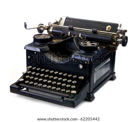 Old black vintage typewriter on a white background