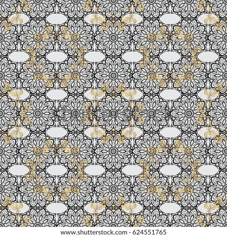 Openwork delicate golden pattern. Seamless golden texture curls. Brilliant lace, stylized flowers, paisley. Oriental style arabesques. Seamless pattern on gray background with golden elements.